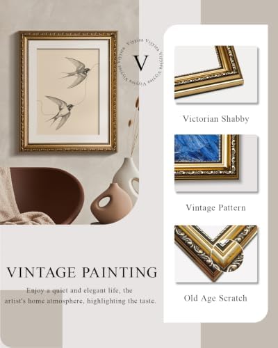 VIYYIEA Vintage Gold Framed Bird Sketch Wall Art - Image 2