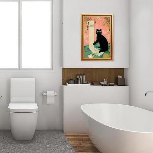 ICHZUMW Gold Framed Funny Black Cat Toilet Paper Canvas Wall Art, 16x24 In - Image 4