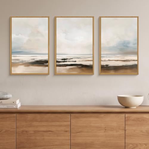 HOURIA Neutral Abstract Gray Landscape Framed Canvas Wall Art Set-16"x24"x3 - Image 2