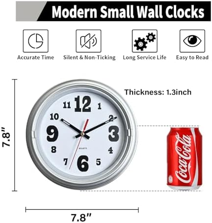 WANGIRO 8" Compact Wall Clock Silent Non-Ticking Battery Powered Silver - Image 3