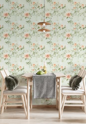 Floral Peel and Stick Wallpaper Green and Orange Flower Wall Paper Vintage - Image 5