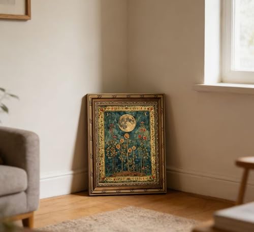 Vintage Gold Framed Celestial Moon Wall Art, Tarot Crescent Moon Painting - Image 6