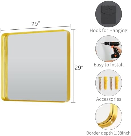 Koonmi Gold Bathroom Mirror, 29x29 Shatterproof Wall Vanity Mirror - Image 7