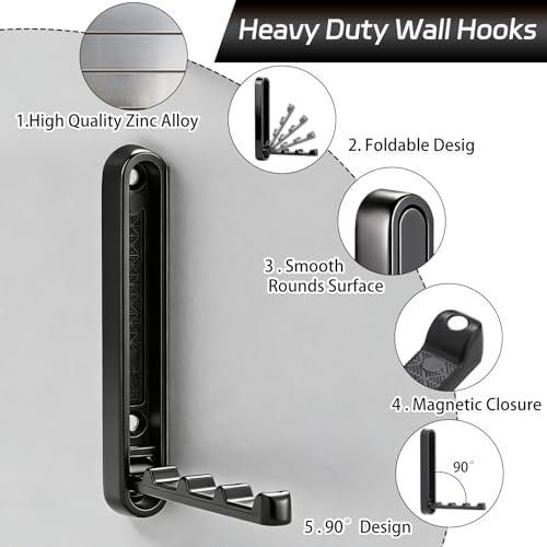4.33 in Extended Folding Coat Hooks, 2 Pack Black Wall Hooks, Zinc Alloy - Image 3