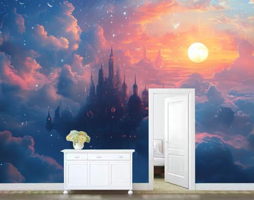 Pink Blue Wallpaper Mural Castle in Clouds Sun Stars Fantasy Dramatic Style - Image 4