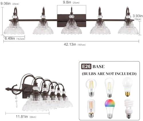 5-Light Oil Rubbed Bronze Vintage Bathroom Vanity Light w/Flower Shade - Image 5