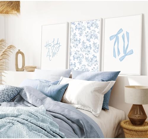 Baccone Blue Bow Wall Art Floral Canvas Wall Decor Coquette Flower Wall Art - Image 3