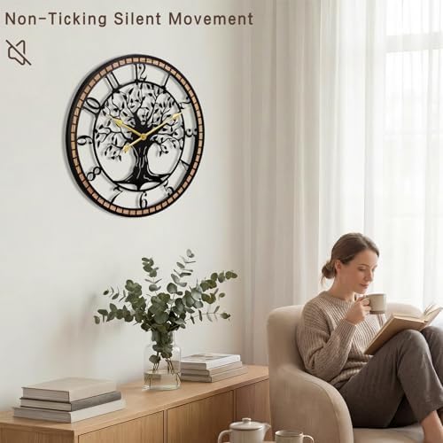 24" Tree of Life Wood and Metal Wall Clock, Rustic Decor - Image 3