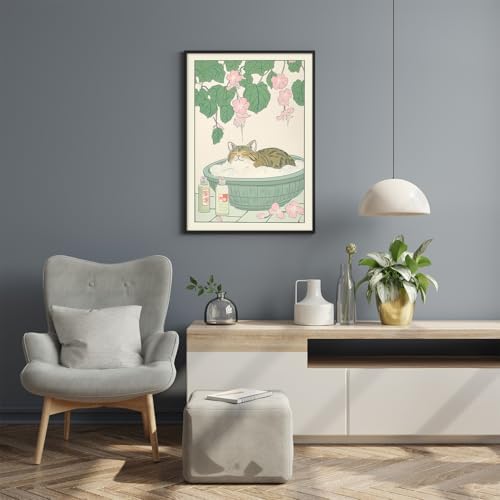 Black Framed Canvas Wall Art Posters Tabby Cat In Bathtub Prints Rustic Neutral - Image 4