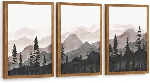 Framed Pine Forest Wall Art Set of 3, Misty Mountain Landscape, 16x24 Inch by Unknown