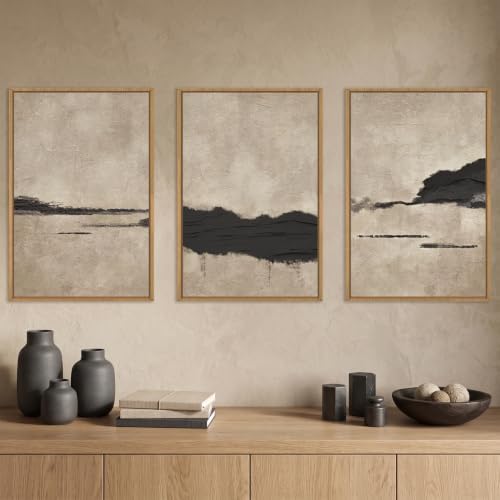 Aryroi Black and Tan Abstract Neutral Framed Canvas Wall Art Set, Dark Brown - Image 2