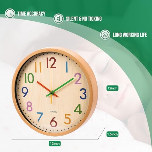 Kids Wall Clock Silent Non-Ticking Colorful Childrens Clock Round Decorative - Image 3