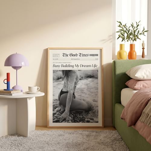 Funky Black And White Newspaper Canvas Wall Art 16x20in Wood Grain Frame Trendy - Image 6