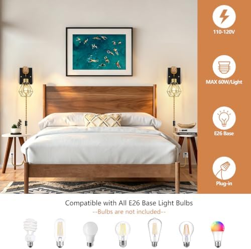 Lomoky Rustic Plug in Wall Sconces Set of 2, Vintage Wall Light Fixtures - Image 3