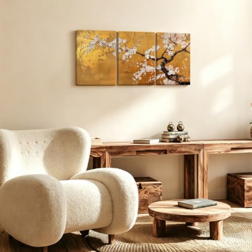 3 Pcs Japanese Golden Plum Blossom Flower Canvas Wall Art 12x16 Inches - Image 3