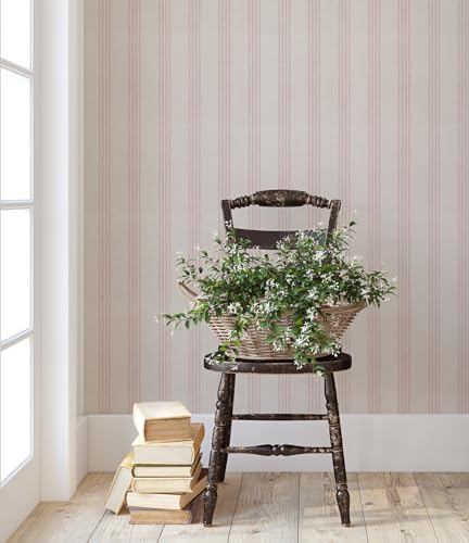 RollsRolla Pink and Beige Striped Peel and Stick Wallpaper, Cottage Farmhouse by RollsRolla