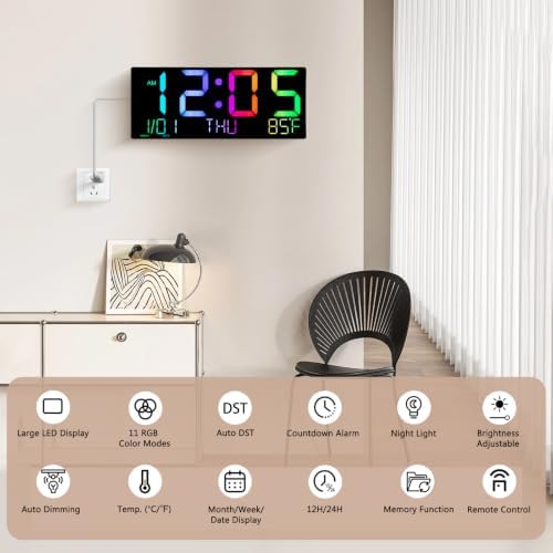16" Large Digital Wall Clock: 11 RGB Color LED Display - Image 3