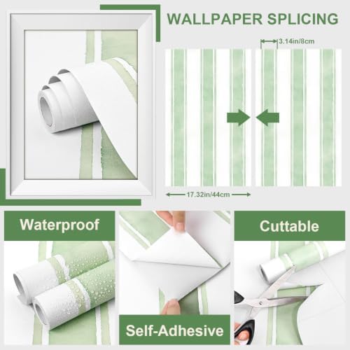 17.3" x 120" Watercolor Green Striped Peel and Stick Wallpaper - Image 2