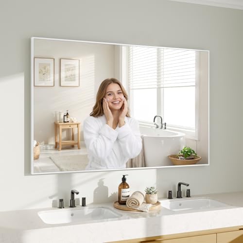 Koonmi White Rectangle Wall Mirror, 30x48 Inch Bathroom Mirror, Aluminum Frame by KOONMI