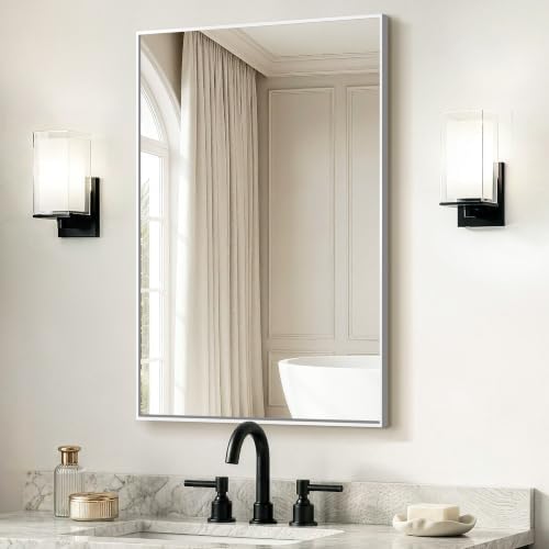 Delma Bathroom Vanity Mirror, 30x20 Silver Metal Framed Mirror by Delma