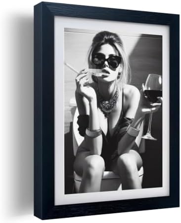 Framed Girl on Toilet Wall Art Woman on Toilet Smoking and Drinking Wine by Fangfey+Art