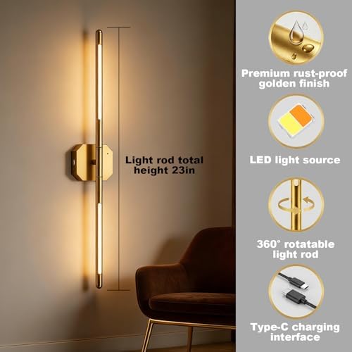 Rechargeable Wall Sconces, 2 Pack, 360° Dual Bars, 23-Inch Gold - Image 2