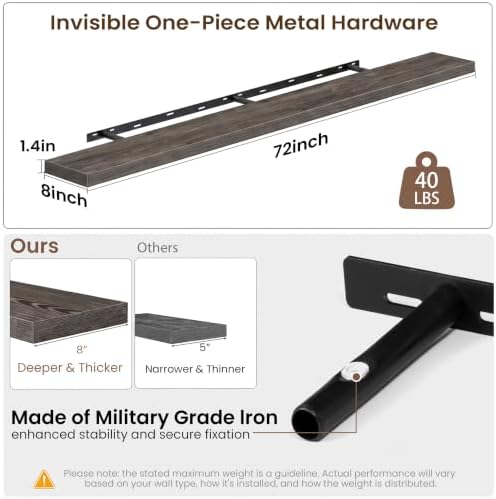 Acovy 72x8in Floating Shelves 2 Pack, Wall Mount Display Shelf - Image 3