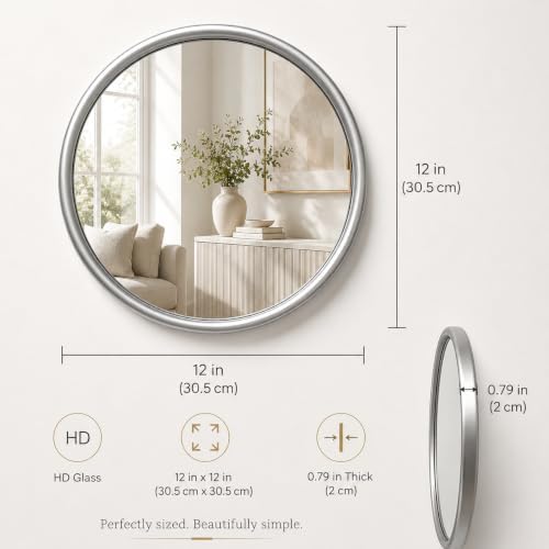 12 Inch Round Glass Mirror Set of 2, Non-Distortion Small Rounded Wall Mirror - Image 2