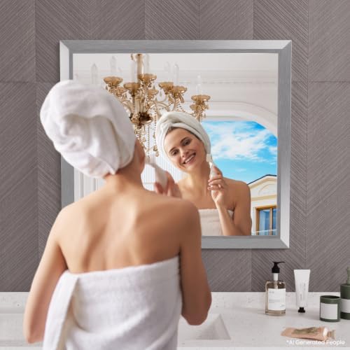 Amorho Bathroom Mirror for Wall 40x36 Inch, Brushed Silver Metal Framed - Image 6