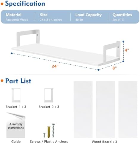 24 Inch Wall Bookshelf for Bedroom, Floating Shelves Bathroom Over Toilet - Image 2