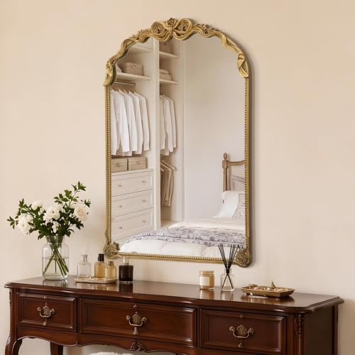 Besdomus Large Vintage Gold Mirror: 24"x36" French Baroque Arch Bow Mirrors by Besdomus