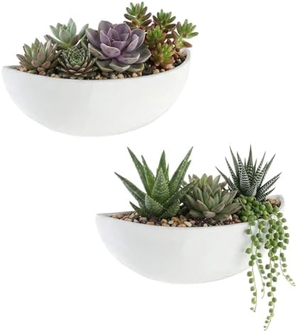 MyGift White Ceramic Wall Planters Half Bowl Hanging Vase Set of 2 by MyGiftHome