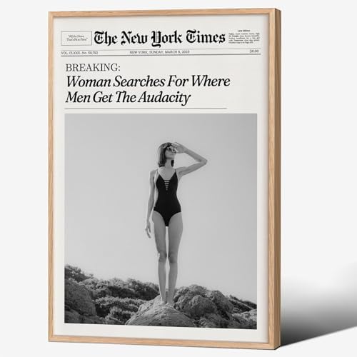 Trendy NewsPaper Wall Art 8x12in Wood Grain Frame Woman Searches by Unknown