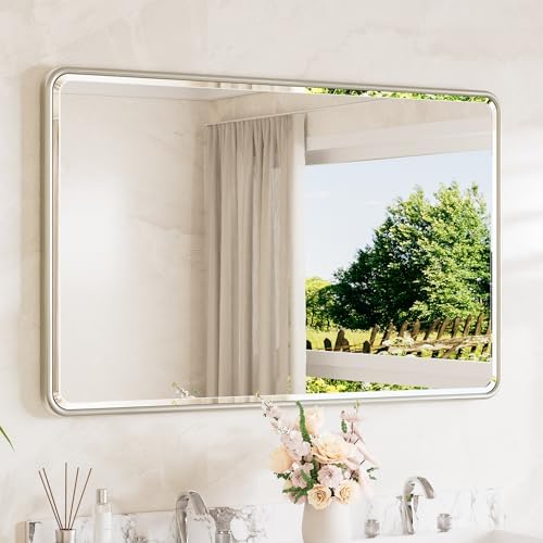 TETOTE Brushed Nickel Mirrors for Wall 48 x 30 Beveled Edge Tempered Glass by TETOTE