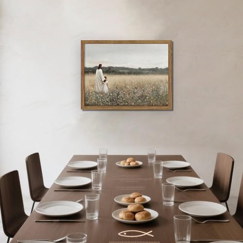 Framed Christian Wall Art Jesus and Girl, Vintage Flower landscape Jesus Wall - Image 4