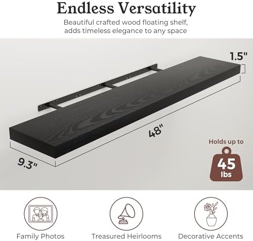48" Black Floating Shelves Wood Wall Shelf - Image 2