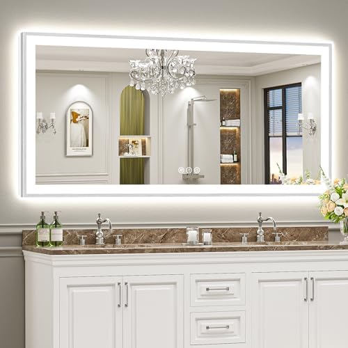77x36 Inch Brushed Nickel LED Bathroom Mirror, Backlit & Front Lit by Awandee