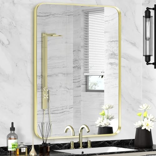 Gold Bathroom Mirror 28x36in, Metal Framed Rounded Rectangle Wall by Minuover