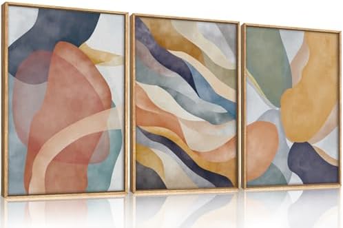LHIUEM Large Abstract Neutral Framed Canvas Wall Art Set, Colorful Watercolor by LHIUEM