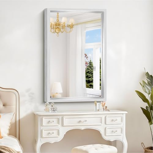 24 x 36 inch Brushed Silver Bathroom Mirror, Metal Framed Rectangle Mirror - Image 4