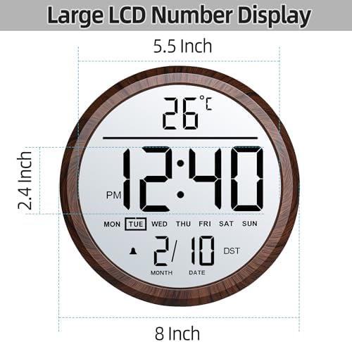 8" Round LCD Digital Wall Clock Battery Operated - Image 2