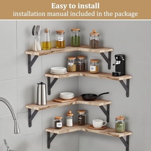 Set of 5 Corner Floating Shelves, Rustic Wood Shelve, Light Brown - Image 6