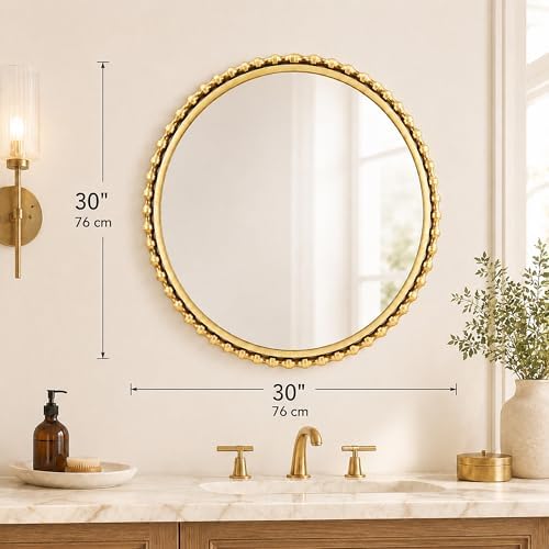 30" Round Bathroom Mirror, Antique Gold Bold Beaded Frame - Image 3
