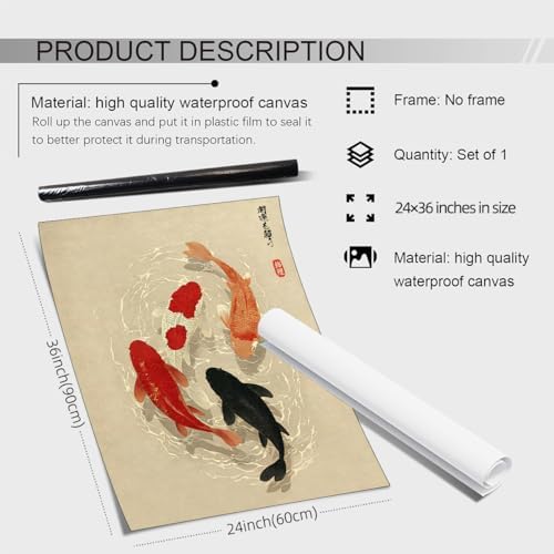 WIUHIO Japanese Koi Fish Canvas Poster Trendy Animal Aesthetic Wall Art Asian - Image 2