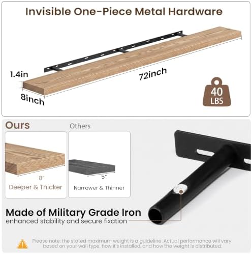 Acovy 72x8in Floating Shelves 2 Pack, Wall Mount Display Shelf, Light Brown - Image 3
