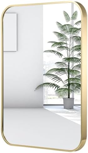 22x30 Inch Gold Bathroom Mirror, Brushed Brass Gold Metal Framed Rectangular by JENBELY