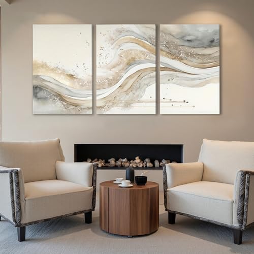 AVECCO Triptych Abstract Gold Grey Wave Wrapped Wall Art Canvas 20x30 Inch - Image 2