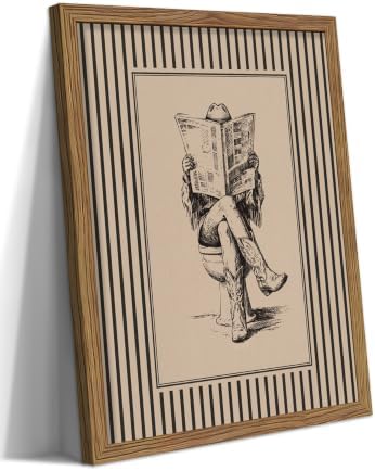 Vintage Western Wall Art, Cowgirl Sitting on Toilet Reading Newspaper Print by Unknown