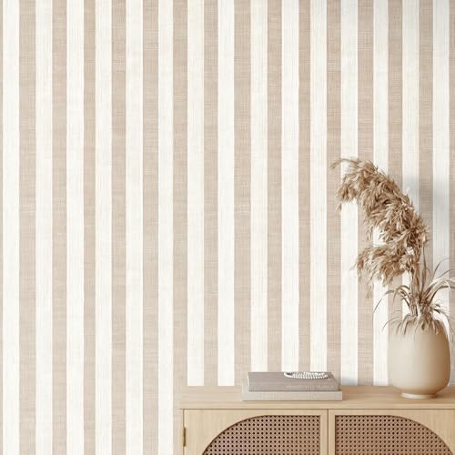 Brown and Cream White Textured Striped Peel and Stick Wallpaper, Self Adhesive by Unknown