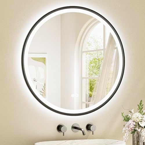 TETOTE Round Led Lighted Bathroom Mirror Matte Black Frame 30 Inch Front and by TETOTE